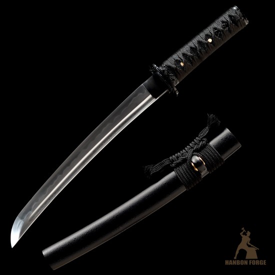 Handmade 1095 Folded Steel Clay Tempered Black Tanto Sword – Real Hamon Japanese Samurai Tanto with Sakura Fittings