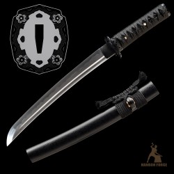 Handmade 1095 Folded Steel Clay Tempered Black Tanto Sword – Real Hamon Japanese Samurai Tanto with Sakura Fittings