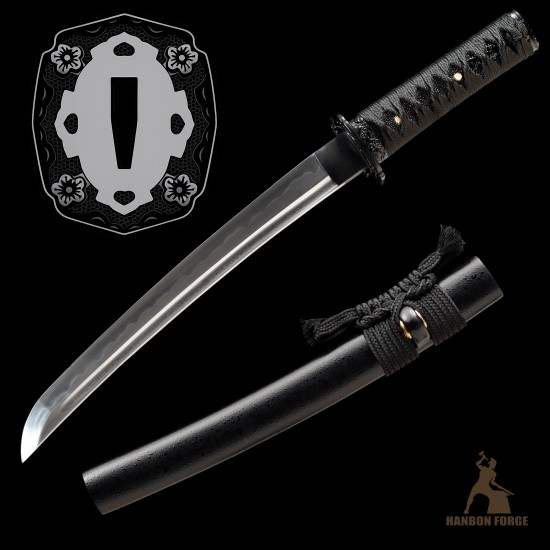 Handmade 1095 Folded Steel Clay Tempered Black Tanto Sword – Real Hamon Japanese Samurai Tanto with Sakura Fittings