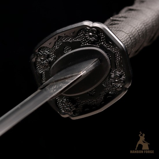 Handmade 1095 Folded Steel Clay Tempered Black Tanto Sword – Real Hamon Japanese Samurai Tanto with Sakura Fittings