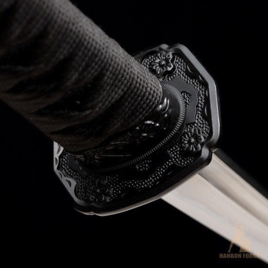 Handmade 1095 Folded Steel Clay Tempered Black Tanto Sword – Real Hamon Japanese Samurai Tanto with Sakura Fittings