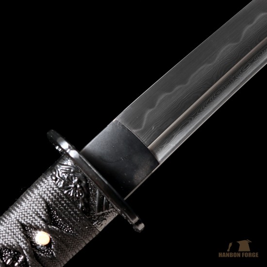 Handmade 1095 Folded Steel Clay Tempered Black Tanto Sword – Real Hamon Japanese Samurai Tanto with Sakura Fittings