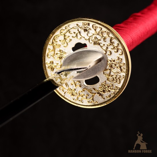 Premium T10 Shinogi-Zukuri Katana – Hand-Forged Japanese Sword, Custom Engravings, Red Tsuka-Ito