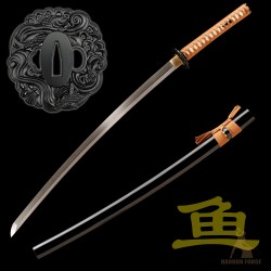 1095 Folded Steel Katana Sword | Shinogi-Zukuri Blade with Double Bohi & Carp Tsuba