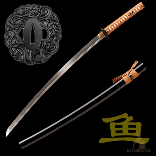 1095 Folded Steel Katana Sword | Shinogi-Zukuri Blade with Double Bohi & Carp Tsuba