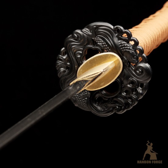 1095 Folded Steel Katana Sword | Shinogi-Zukuri Blade with Double Bohi & Carp Tsuba