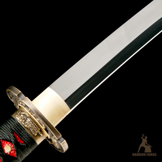 Premium T10 Hand-Forged Katana – Black Dragon Warrior Full Tang Japanese Sword with Red Rayskin & Mirror Polished Blade Premium T10 Hand-Forged Katana – Black Dragon Warrior Full Tang Japanese Sword with Red Rayskin & Mirror Polished Blade