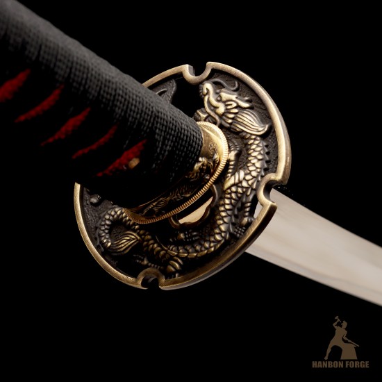 Premium T10 Hand-Forged Katana – Black Dragon Warrior Full Tang Japanese Sword with Red Rayskin & Mirror Polished Blade Premium T10 Hand-Forged Katana – Black Dragon Warrior Full Tang Japanese Sword with Red Rayskin & Mirror Polished Blade