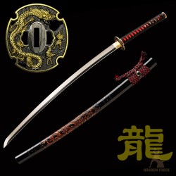Premium T10 Hand-Forged Katana – Black Dragon Warrior Full Tang Japanese Sword with Red Rayskin & Mirror Polished Blade