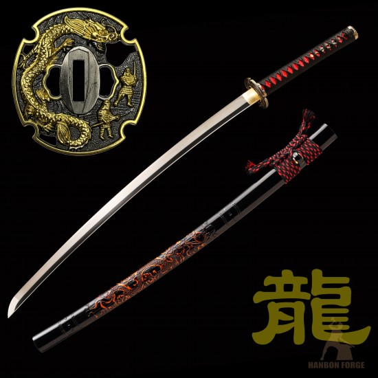 Premium T10 Hand-Forged Katana – Black Dragon Warrior Full Tang Japanese Sword with Red Rayskin & Mirror Polished Blade Premium T10 Hand-Forged Katana – Black Dragon Warrior Full Tang Japanese Sword with Red Rayskin & Mirror Polished Blade