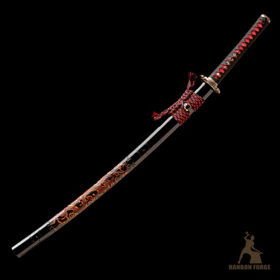 Premium T10 Hand-Forged Katana – Black Dragon Warrior Full Tang Japanese Sword with Red Rayskin & Mirror Polished Blade Premium T10 Hand-Forged Katana – Black Dragon Warrior Full Tang Japanese Sword with Red Rayskin & Mirror Polished Blade