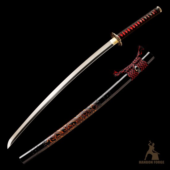Premium T10 Hand-Forged Katana – Black Dragon Warrior Full Tang Japanese Sword with Red Rayskin & Mirror Polished Blade Premium T10 Hand-Forged Katana – Black Dragon Warrior Full Tang Japanese Sword with Red Rayskin & Mirror Polished Blade