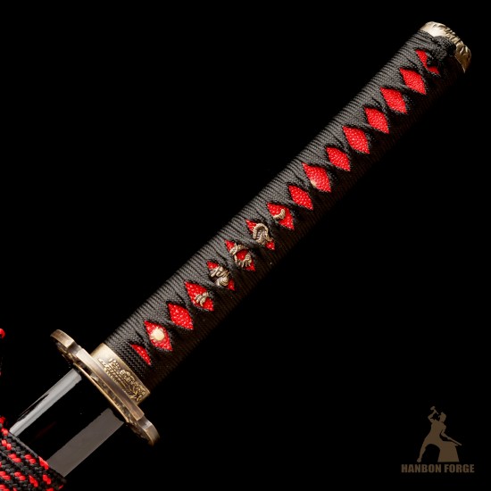 Premium T10 Hand-Forged Katana – Black Dragon Warrior Full Tang Japanese Sword with Red Rayskin & Mirror Polished Blade Premium T10 Hand-Forged Katana – Black Dragon Warrior Full Tang Japanese Sword with Red Rayskin & Mirror Polished Blade