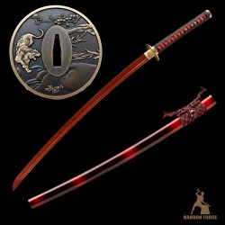 1095 Folded Steel Red Blade Katana with Tiger Tsuba