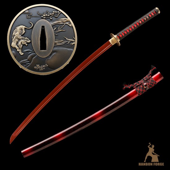 1095 Folded Steel Red Blade Katana with Tiger Tsuba 1095 Folded Steel Red Blade Katana with Tiger Tsuba