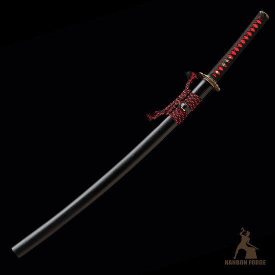 Handforged 1095 Folded Steel Red Blade Katana with Matte Black Saya Handforged 1095 Folded Steel Red Blade Katana with Matte Black Saya