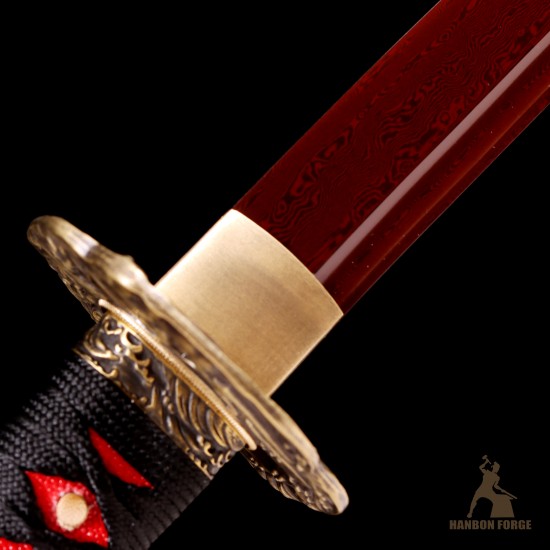 Handforged 1095 Folded Steel Red Blade Katana with Matte Black Saya Handforged 1095 Folded Steel Red Blade Katana with Matte Black Saya