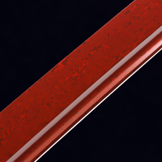 Handforged 1095 Folded Steel Red Blade Katana with Natural Wood Clear Lacquered Saya Handforged 1095 Folded Steel Red Blade Katana with Natural Wood Clear Lacquered Saya