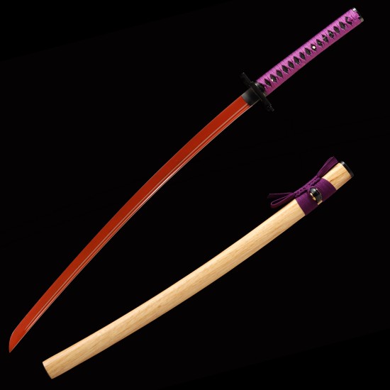 Handforged 1095 Folded Steel Red Blade Katana with Natural Wood Clear Lacquered Saya Handforged 1095 Folded Steel Red Blade Katana with Natural Wood Clear Lacquered Saya
