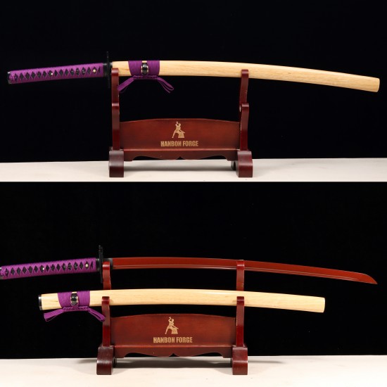 Handforged 1095 Folded Steel Red Blade Katana with Natural Wood Clear Lacquered Saya Handforged 1095 Folded Steel Red Blade Katana with Natural Wood Clear Lacquered Saya