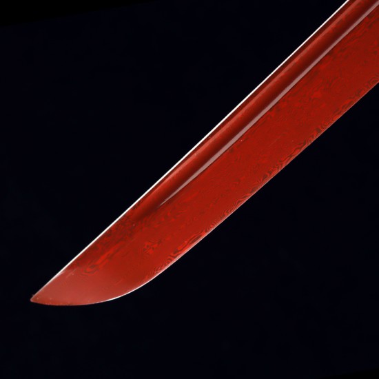 Handforged 1095 Folded Steel Red Blade Katana with Natural Wood Clear Lacquered Saya Handforged 1095 Folded Steel Red Blade Katana with Natural Wood Clear Lacquered Saya