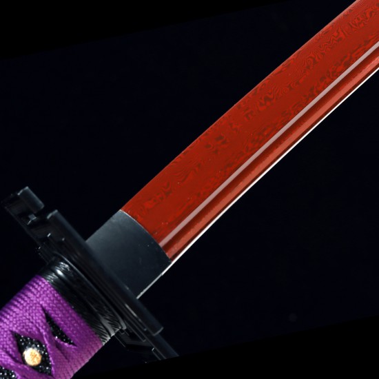 Handforged 1095 Folded Steel Red Blade Katana with Natural Wood Clear Lacquered Saya Handforged 1095 Folded Steel Red Blade Katana with Natural Wood Clear Lacquered Saya