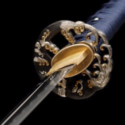 Hand Forged 1095 Folded Steel Katana with Genuine Gunome Hamon and Dark Blue Wave Fittings