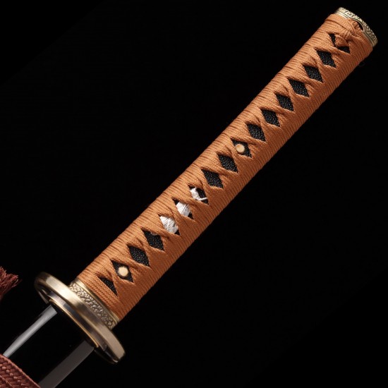 Hand Forged T10 Steel Katana with Genuine Midare Hamon, Gold Musashi Tsuba and Black Piano Finish Saya Hand Forged T10 Steel Katana with Genuine Midare Hamon, Gold Musashi Tsuba and Black Piano Finish Saya