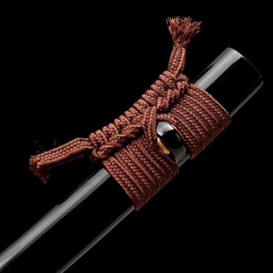Hand Forged T10 Steel Katana with Genuine Midare Hamon, Gold Musashi Tsuba and Black Piano Finish Saya Hand Forged T10 Steel Katana with Genuine Midare Hamon, Gold Musashi Tsuba and Black Piano Finish Saya