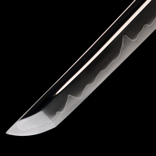 Hand Forged T10 Steel Katana with Genuine Midare Hamon, Gold Musashi Tsuba and Black Piano Finish Saya Hand Forged T10 Steel Katana with Genuine Midare Hamon, Gold Musashi Tsuba and Black Piano Finish Saya