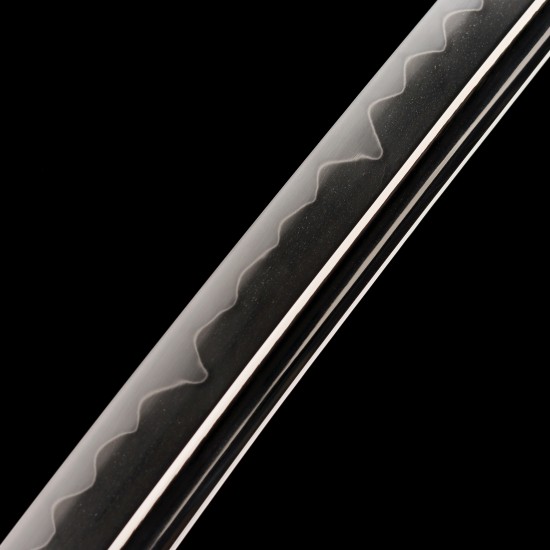 Hand Forged T10 Steel Katana with Genuine Midare Hamon, Gold Musashi Tsuba and Black Piano Finish Saya Hand Forged T10 Steel Katana with Genuine Midare Hamon, Gold Musashi Tsuba and Black Piano Finish Saya