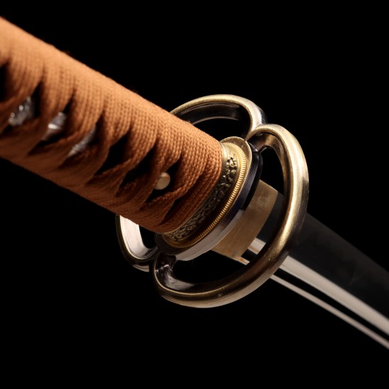 Hand Forged T10 Steel Katana with Genuine Midare Hamon, Gold Musashi Tsuba and Black Piano Finish Saya Hand Forged T10 Steel Katana with Genuine Midare Hamon, Gold Musashi Tsuba and Black Piano Finish Saya