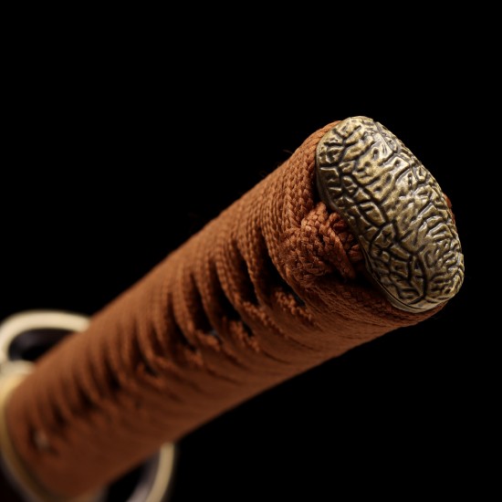 Hand Forged T10 Steel Katana with Genuine Midare Hamon, Gold Musashi Tsuba and Black Piano Finish Saya Hand Forged T10 Steel Katana with Genuine Midare Hamon, Gold Musashi Tsuba and Black Piano Finish Saya