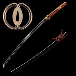 Hand Forged T10 Steel Katana with Genuine Midare Hamon, Gold Musashi Tsuba and Black Piano Finish Saya