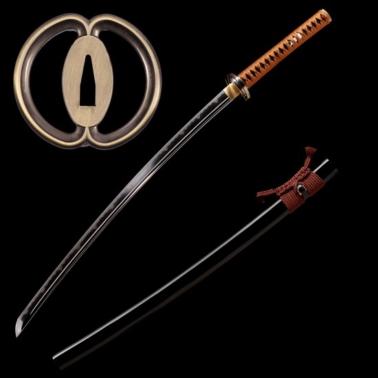Hand Forged T10 Steel Katana with Genuine Midare Hamon, Gold Musashi Tsuba and Black Piano Finish Saya Hand Forged T10 Steel Katana with Genuine Midare Hamon, Gold Musashi Tsuba and Black Piano Finish Saya