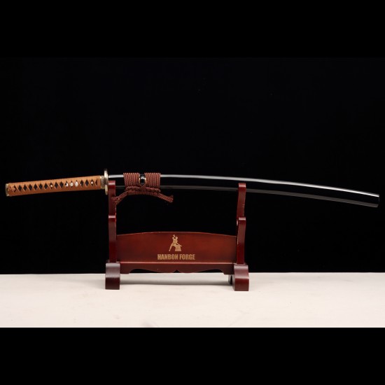 Hand Forged T10 Steel Katana with Genuine Midare Hamon, Gold Musashi Tsuba and Black Piano Finish Saya Hand Forged T10 Steel Katana with Genuine Midare Hamon, Gold Musashi Tsuba and Black Piano Finish Saya
