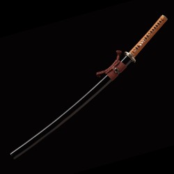 Hand Forged T10 Steel Katana with Genuine Midare Hamon, Gold Musashi Tsuba and Black Piano Finish Saya