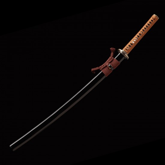 Hand Forged T10 Steel Katana with Genuine Midare Hamon, Gold Musashi Tsuba and Black Piano Finish Saya Hand Forged T10 Steel Katana with Genuine Midare Hamon, Gold Musashi Tsuba and Black Piano Finish Saya