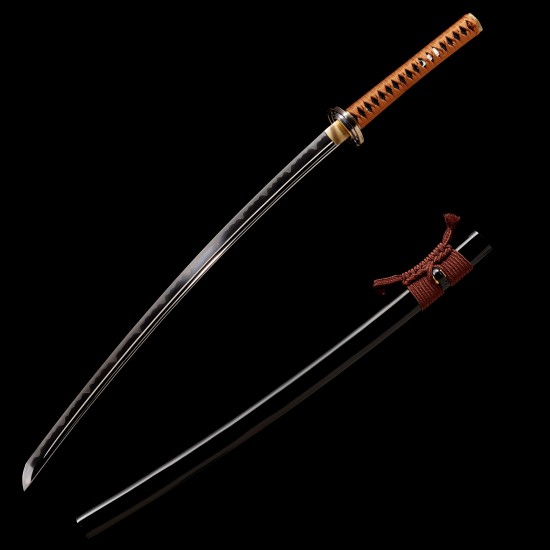 Hand Forged T10 Steel Katana with Genuine Midare Hamon, Gold Musashi Tsuba and Black Piano Finish Saya Hand Forged T10 Steel Katana with Genuine Midare Hamon, Gold Musashi Tsuba and Black Piano Finish Saya