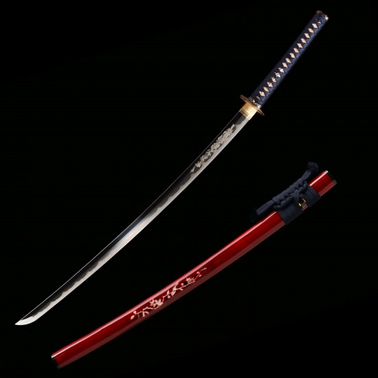 Hand Forged 1095 Folded Steel Katana with Genuine Gunome Hamon, Japanese Silk Ito and Mother-of-Pearl Red Lacquer Saya Hand Forged 1095 Folded Steel Katana with Genuine Gunome Hamon, Japanese Silk Ito and Mother-of-Pearl Red Lacquer Saya