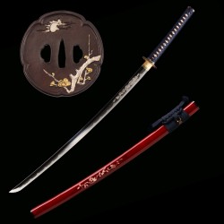 Hand Forged 1095 Folded Steel Katana with Genuine Gunome Hamon, Japanese Silk Ito and Mother-of-Pearl Red Lacquer Saya