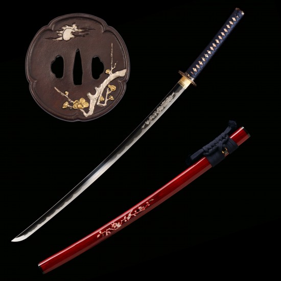 Hand Forged 1095 Folded Steel Katana with Genuine Gunome Hamon, Japanese Silk Ito and Mother-of-Pearl Red Lacquer Saya Hand Forged 1095 Folded Steel Katana with Genuine Gunome Hamon, Japanese Silk Ito and Mother-of-Pearl Red Lacquer Saya
