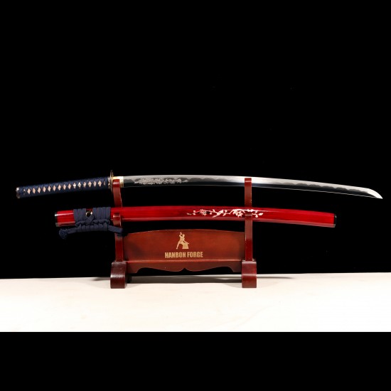Hand Forged 1095 Folded Steel Katana with Genuine Gunome Hamon, Japanese Silk Ito and Mother-of-Pearl Red Lacquer Saya Hand Forged 1095 Folded Steel Katana with Genuine Gunome Hamon, Japanese Silk Ito and Mother-of-Pearl Red Lacquer Saya