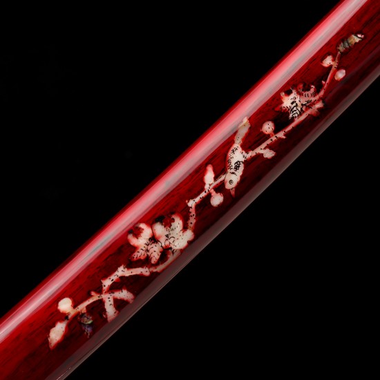 Hand Forged 1095 Folded Steel Katana with Genuine Gunome Hamon, Japanese Silk Ito and Mother-of-Pearl Red Lacquer Saya Hand Forged 1095 Folded Steel Katana with Genuine Gunome Hamon, Japanese Silk Ito and Mother-of-Pearl Red Lacquer Saya
