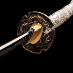 Hand-Forged T10 Steel Katana with Dragon Engraving, Mirror Polish & Dragon-Themed Fittings Hand-Forged T10 Steel Katana with Dragon Engraving, Mirror Polish & Dragon-Themed Fittings