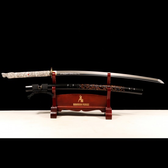 Hand-Forged T10 Steel Katana with Dragon Engraving, Mirror Polish & Dragon-Themed Fittings Hand-Forged T10 Steel Katana with Dragon Engraving, Mirror Polish & Dragon-Themed Fittings