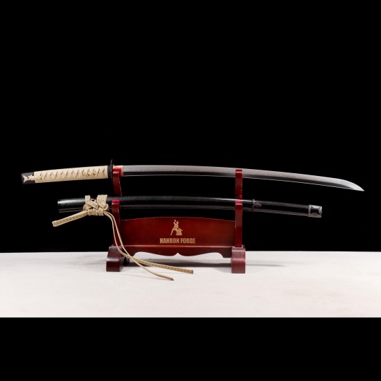 Hand-Forged T10 Steel Katana with Genuine Choji Hamon & Black Iron Mokkō Tsuba
