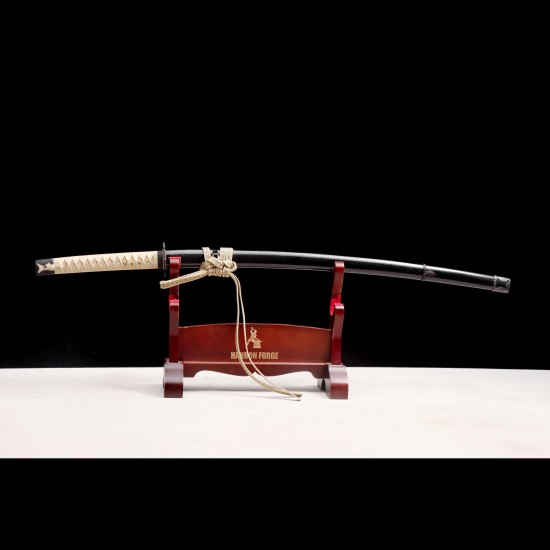Hand-Forged T10 Steel Katana with Genuine Choji Hamon & Black Iron Mokkō Tsuba
