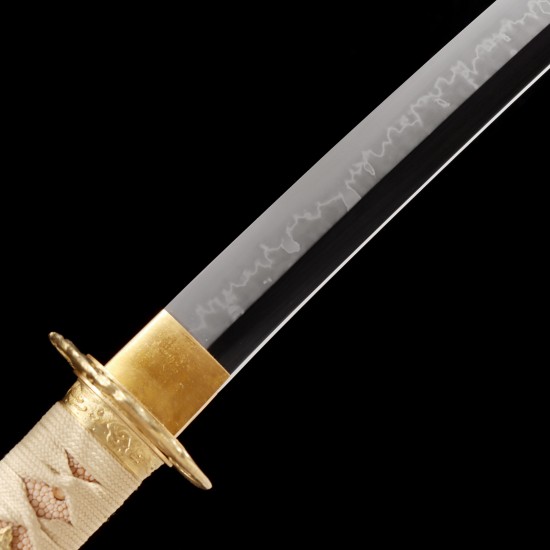 Hand Forged T10 Katana with Genuine Choji Hamon and Gold Wave Fittings