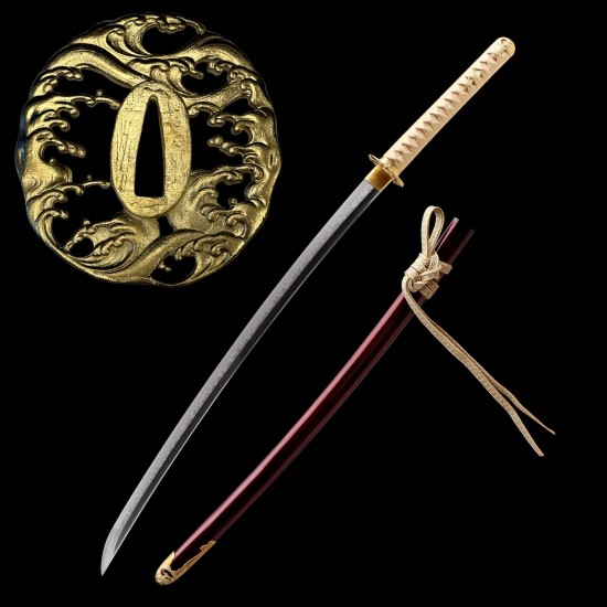 Hand Forged T10 Katana with Genuine Choji Hamon and Gold Wave Fittings